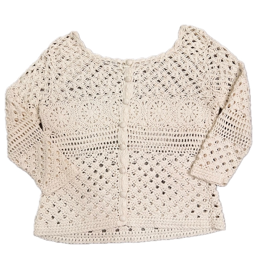 Lucky Brand Ivory Cream Crochet Top Sweater small knit - Picture 2 of 11